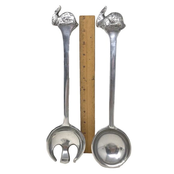 Pewter Bunny Rabbit Salad Serving Fork and Spoon 13" Easter NOS New Old Stock - Picture 5 of 8